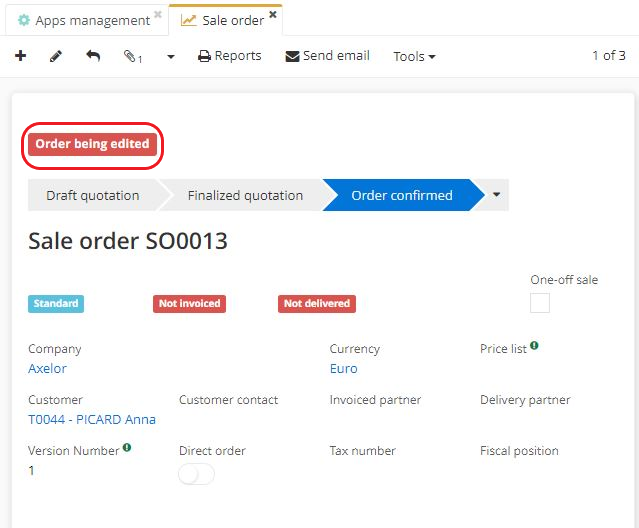 1.3. The sale order file is subsequently labelled as “Order being edited”.